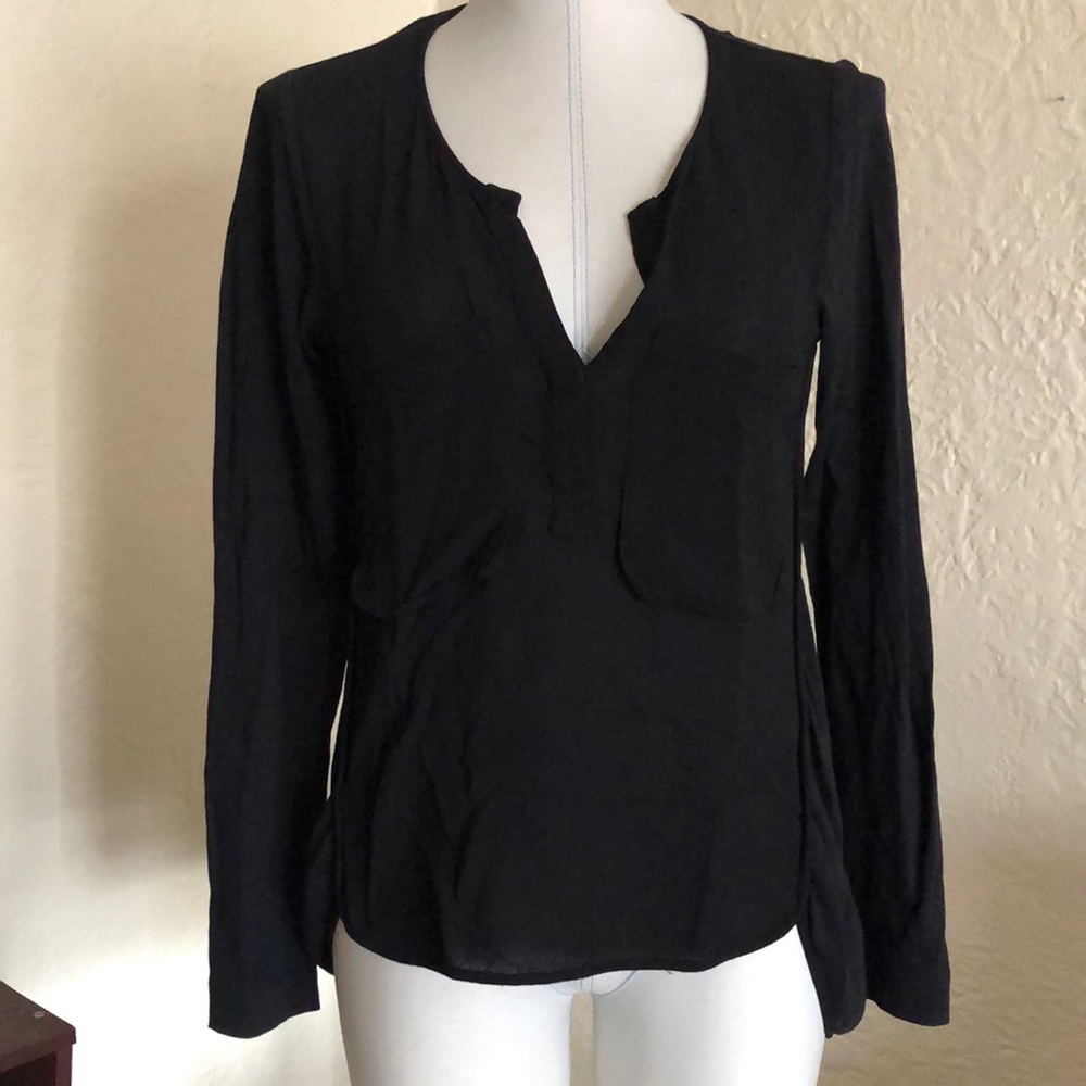 Language Los Angeles Black Split Neck Pocket Top Shirt Top Blouse Small